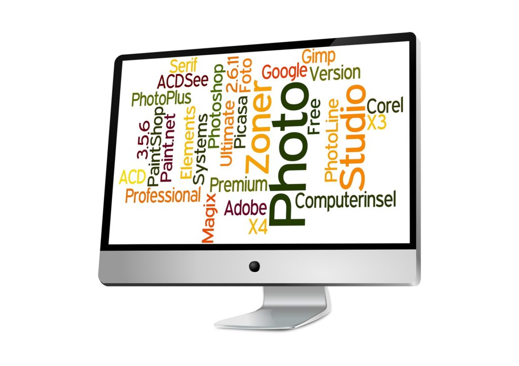 a computer monitor with words on it